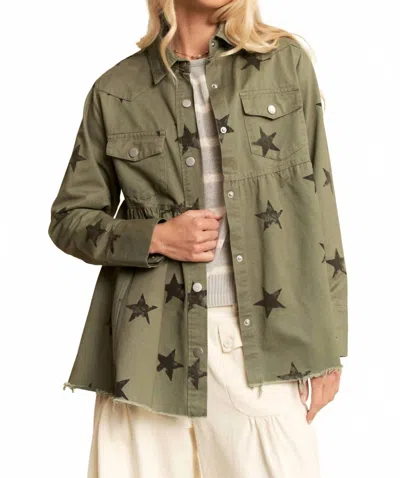 Davi & Dani Star Printed Baby Doll Shacket In Olive In Green