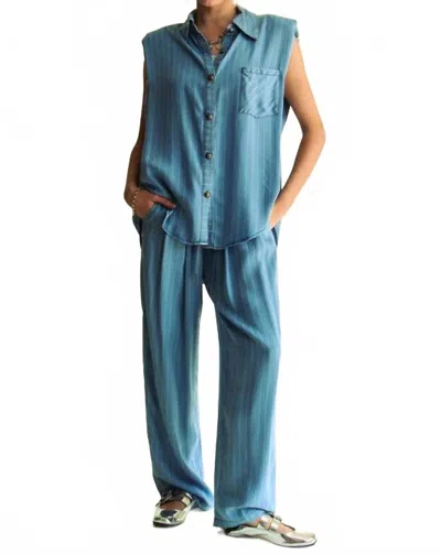 Davi & Dani Stripe Short Sleeve Button Down Shirt And Pants - Plus In Blue