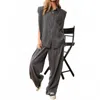 Davi & Dani Stripe Short Sleeve Button Down Shirt And Pants In Grey In Gray