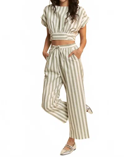 Davi & Dani Striped Cropped Wrap Top And High Waisted Pants Set In Green And White In Neutral