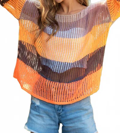 Davi & Dani Striped Wide Opening Sleeve Pullover Cover Up Top In Beige Multi