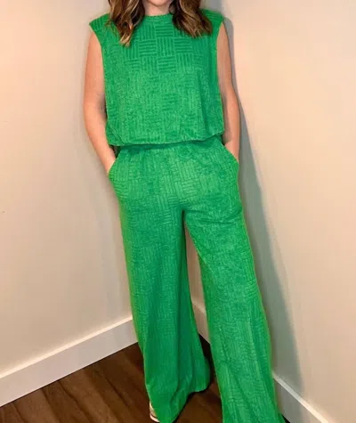 Davi & Dani Terry Sleeveless Round Neck Top And Pants Set In Green