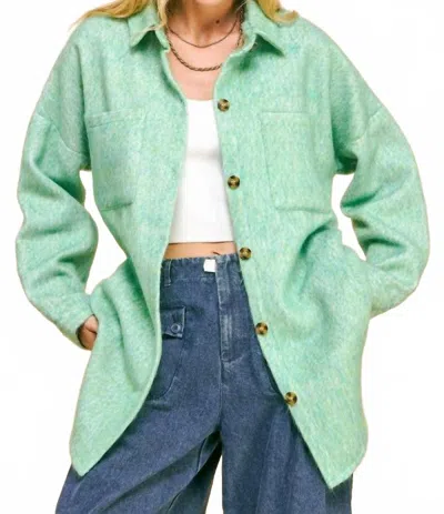 Davi & Dani Textured Chest Pocket Button Front Shacket Top In Mint Green