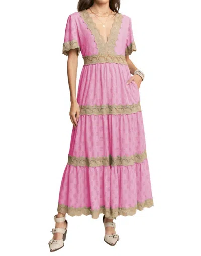 Davi & Dani Textured Floral V Neck Side Zippered Maxi Dress In Pink