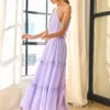 Davi & Dani Textured Swiss Dotted Ruffle Halter Neck Mididress In Lavender