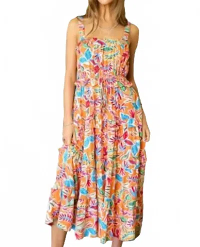 Davi & Dani Tiered Ruffled Midi Dress In Orange Multi In Brown