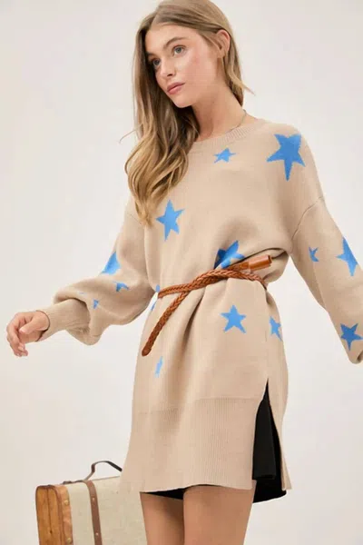 Davi & Dani Tunic Sweater With Stars In Beige In Brown