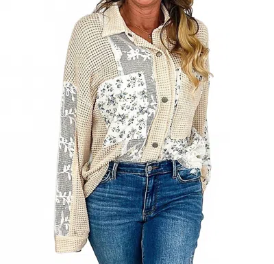 Davi & Dani Unpredictable Times Knit Long Sleeve Button Up Top In Beige Tan In Multi