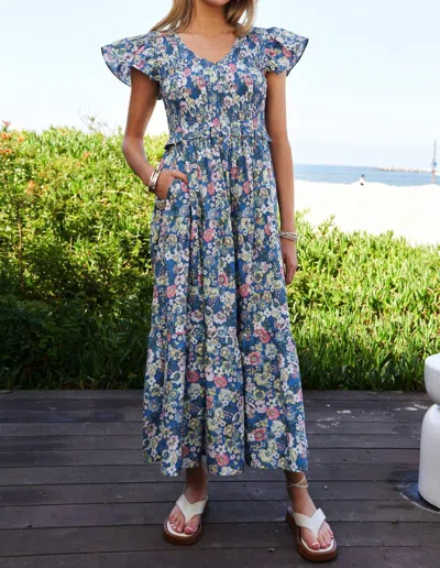 Davi & Dani Vintage Garden Floral Flutter Smocking Midi Dress In Blue