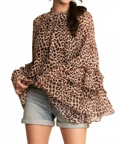 Davi & Dani Vintage Ruffle Sleeve Boho Blouse In Leopard/brown In Multi