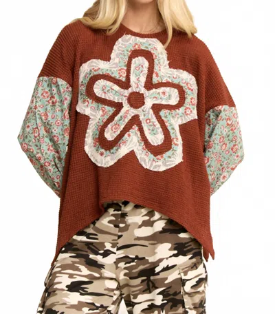 Davi & Dani Waffle Knit Floral-sleeve Top In Cocoa In Brown