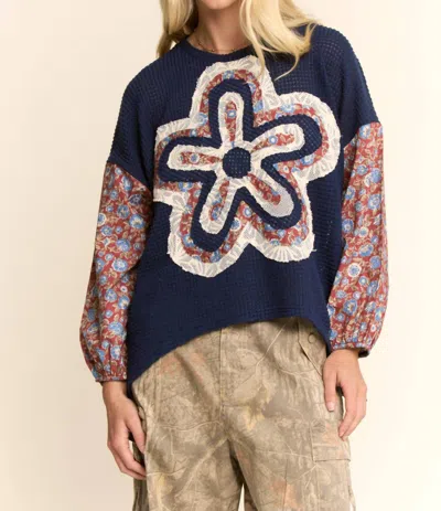 Davi & Dani Waffle Knit Floral-sleeve Top In Navy In Blue