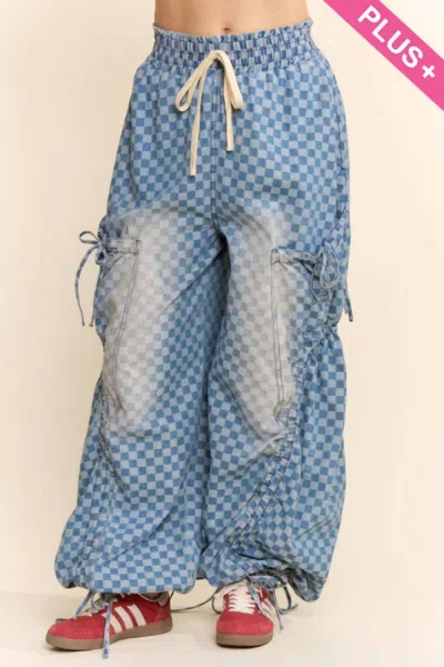Davi & Dani Women's Checkerboard Ribbon-ruched Parachute Pants In Light Denim Checker In Blue