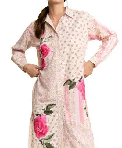 Davi & Dani Women's Printed Flower Patched Maxi Duster Shirt Top In Ivory Pink Multi