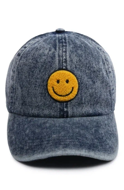 David & Young Smiley Face Patch Denim Baseball Hat In Navy/ Yellow