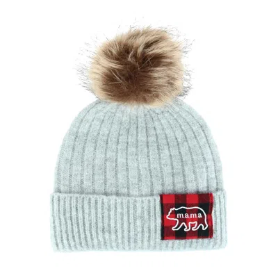 David & Young Women's Mama Bear Beanie Hat With Plaid Patch And Pom In Grey