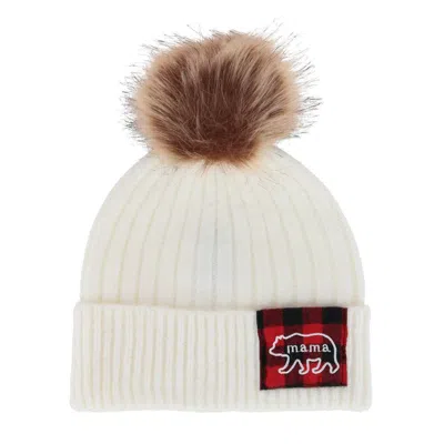 David & Young Women's Mama Bear Beanie Hat With Plaid Patch And Pom In White
