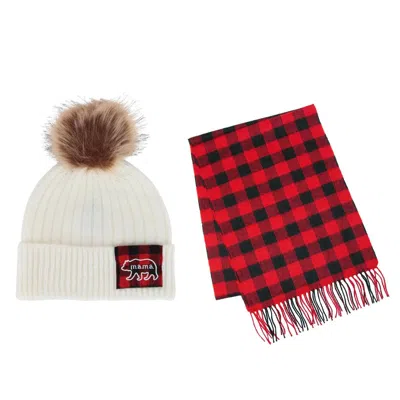 David & Young Women's Mama Bear Winter Beanie And Matching Buffalo Plaid Scarf Set In White