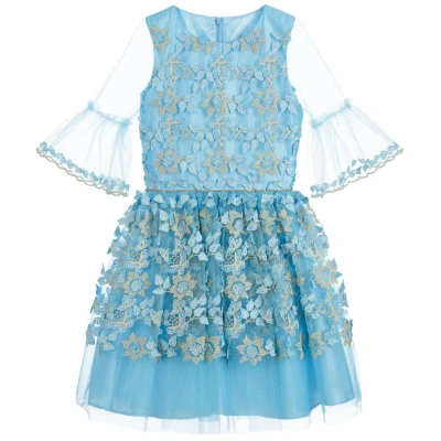David Charles Kids' Girls Blue & Gold Embroidered Dress