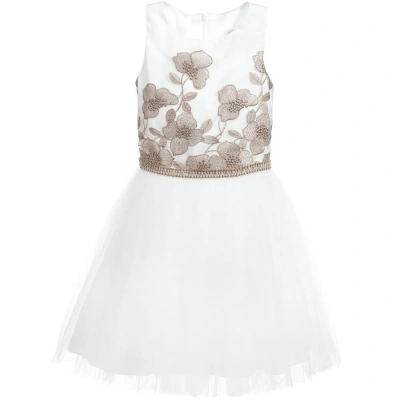 David Charles Kids' Girls White Tulle Dress With Embroidered Bronze Flowers