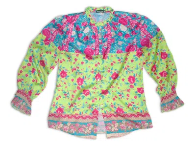 David Cline Satin Shirred Sleeve Button-up Shirt In Floral Kiwi In Multi