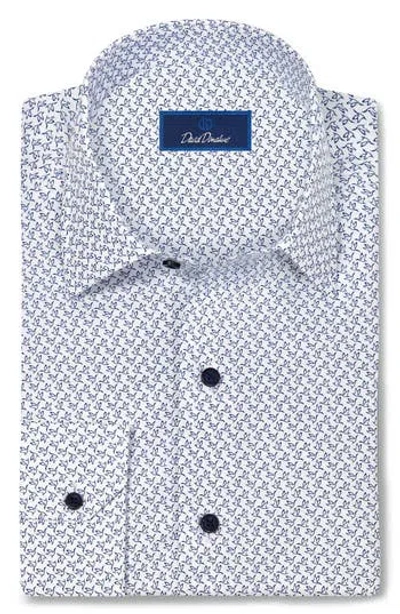 David Donahue Bird Print Cotton Sport Shirt In White/ Navy