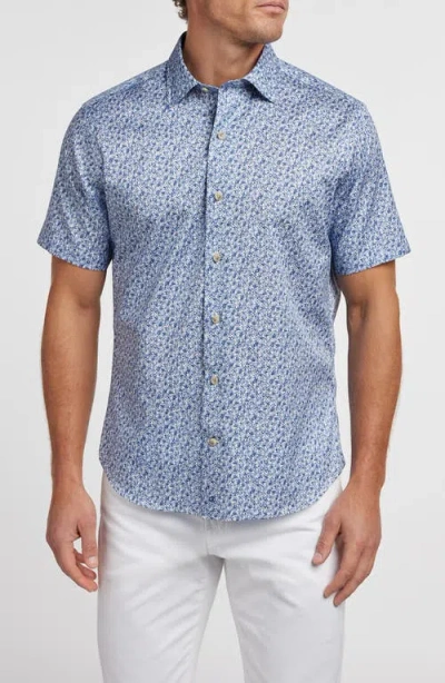 David Donahue Botanical Print Short Sleeve Cotton Button-up Shirt In Blue