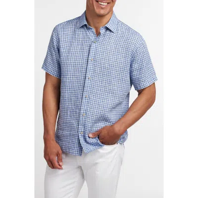 David Donahue Check Linen Short Sleeve Button-up Shirt In Blue