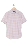 David Donahue Check Poplin Casual Short Sleeve Cotton Button-up Shirt In Melon/blue