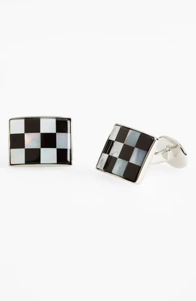 David Donahue Checkerboard Cuff Links In Silver/onyx/mother Of Pearl