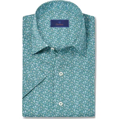 David Donahue Cocktail Print Lyocell Short Sleeve Shirt In Green