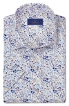 David Donahue Floral Print Short Sleeve Sport Shirt In Dune/blue