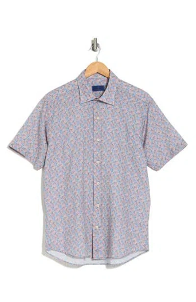 David Donahue Floral Casual Short Sleeve Cotton Button-up Shirt In Blue/melon