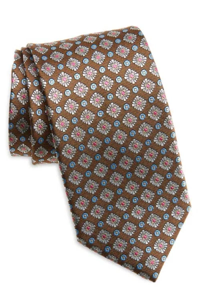 David Donahue Floral Geometric Medallion Silk Tie In Chocolate