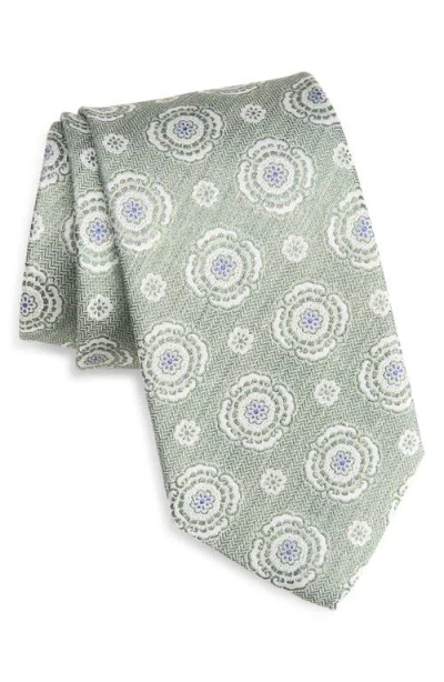 David Donahue Floral Medallion Silk Herringbone Tie In Gray