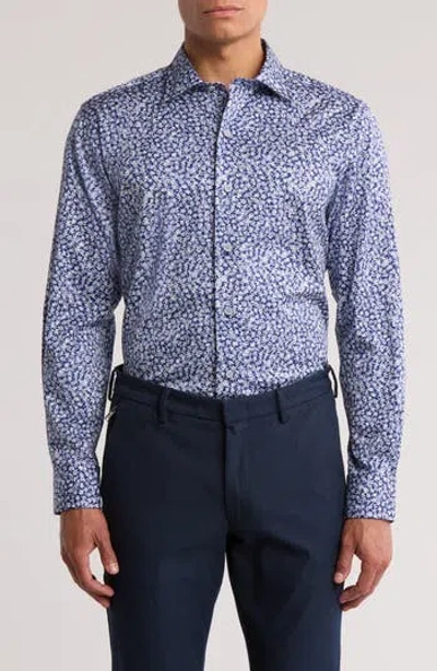 David Donahue Floral Print Pima Cotton Dobby Sport Shirt In Blue