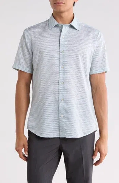 David Donahue Floral Print Short Sleeve Shirt In White/ Green