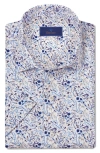 David Donahue Floral Print Short Sleeve Sport Shirt In Dune/blue