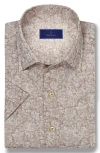 David Donahue Texture Floral Print Short Sleeve Linen & Cotton Shirt In Dune