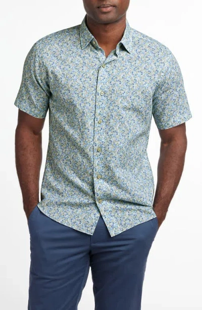 David Donahue Floral Short Sleeve Linen & Cotton Button-up Shirt In Blue