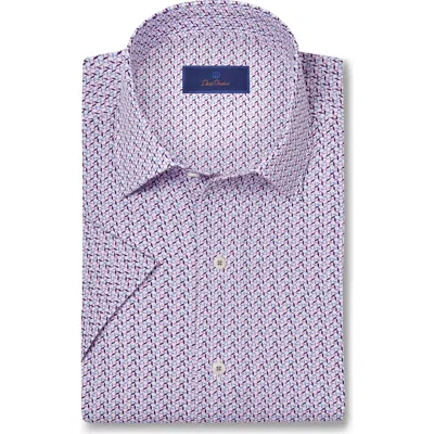 David Donahue Geo Print Performance Stretch Short Sleeve Sport Shirt In White/purple