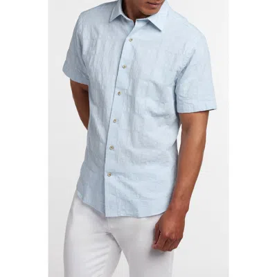 David Donahue Cotton Linen Jacquard Short Sleeve Shirt In Blue