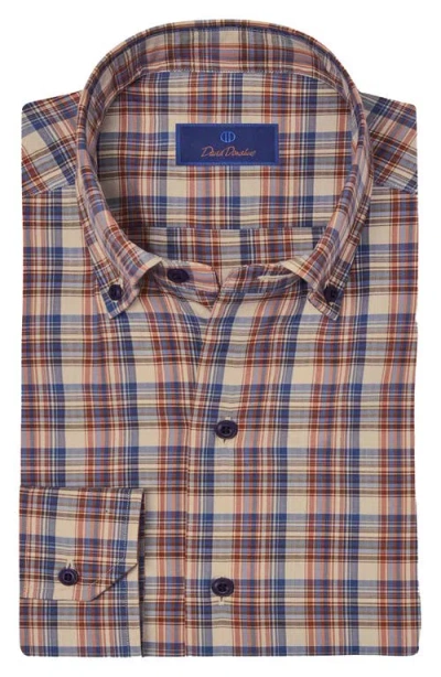 David Donahue Herringbone Plaid Cotton Blend Sport Shirt In Orange/multi