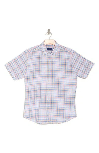 David Donahue Herringbone Short Sleeve Linen & Cotton Button-up Shirt In Blue/ Melon