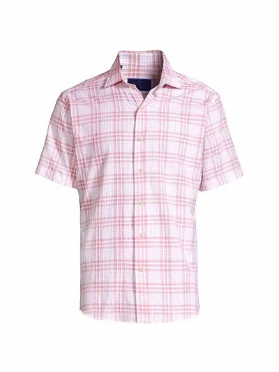 David Donahue Men's Berry Textured Plaid Short Sleeve Shirt In Pink