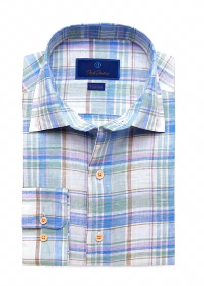 David Donahue Men's Long Sleeve Plaid Linen Shirt In Sage & Blue