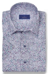 David Donahue Micro Floral Print Short Sleeve Linen & Cotton Shirt In Blue