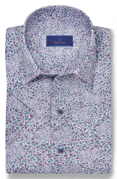 David Donahue Micro Floral Print Short Sleeve Linen & Cotton Shirt In Blue