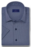 David Donahue Microprint Short Sleeve Cotton Button-up Shirt In Navy
