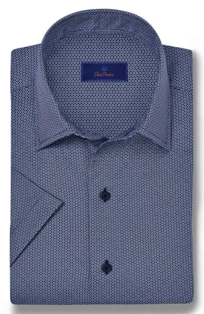 David Donahue Microprint Short Sleeve Cotton Button-up Shirt In Navy